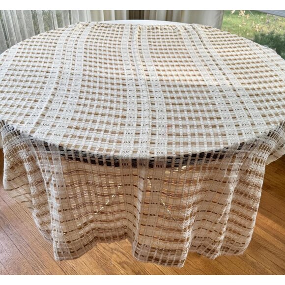 Vintage 70s net woven curtain, beige brown large mesh, rod header single panel - Picture 4 of 6